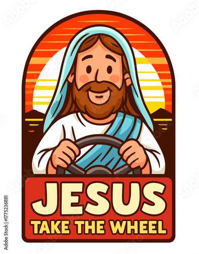 Jesus take the wheel, faith-based cartoon art