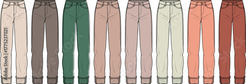 A vibrant display of casual trousers showcasing a wide spectrum of modern color palettes, including earthy tones and warm hues, perfect for fashion inspiration and apparel design concepts