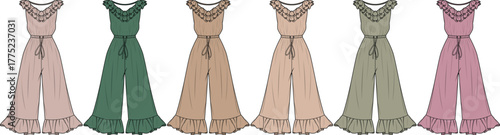 Fashion illustration of a collection of elegant jumpsuits in various earthy tones and stylish designs