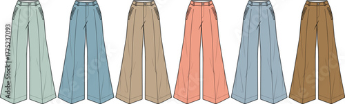 Collection of stylish wide-leg trousers in various colors, showcasing fashion design elements