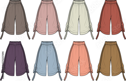 Collection of women's cropped capri pants with side tie detail in multiple colorways. Fashion flat sketch vector illustration set for apparel design and technical drawing templates
