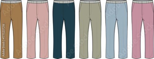 Vector collection of women's lounge pants technical fashion flat sketches. Apparel design concept with a colorful palette for garment manufacturing and mockups
