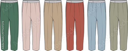 Versatile collection of women's casual trousers in an assortment of vibrant and earthy colors, presented as detailed fashion flat sketches for apparel design and concept development