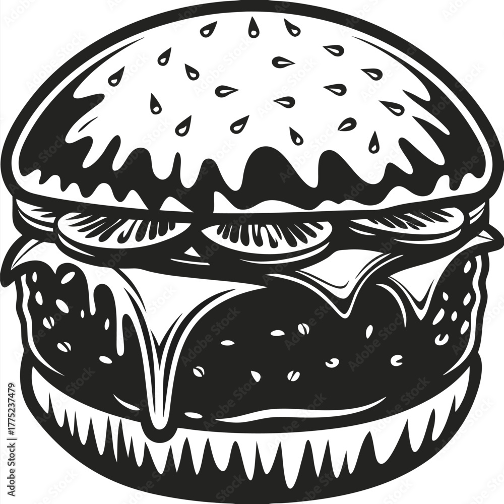 Fototapeta premium Detailed black and white burger showcases melted cheese, sliced tomato, and sesame seed bun