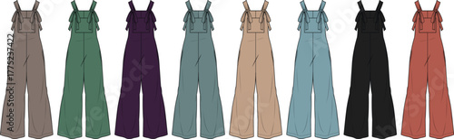 Fashion design technical flat sketch of a chic women's wide-leg jumpsuit with a ruffle bodice. Set of colorful apparel mockups for clothing collection