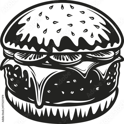 Detailed black and white burger showcases melted cheese, sliced tomato, and sesame seed bun