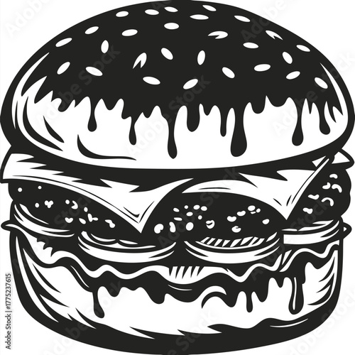 art showcases a large, monochromatic hamburger featuring layers of cheese and sauce