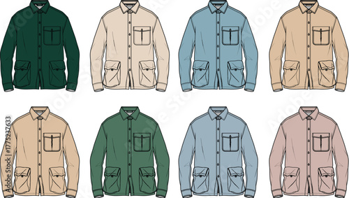 Set of men's utility field jackets in multiple colors, technical flat fashion sketch template for apparel design