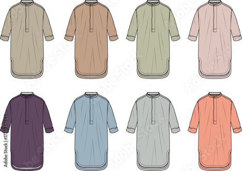 Color variations of a simple tunic design, showcased in a flat lay, highlighting fabric choices and fashion trends