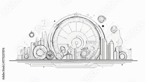 Old town architecture sketch on a vector grunge design background with gears and a street illustration