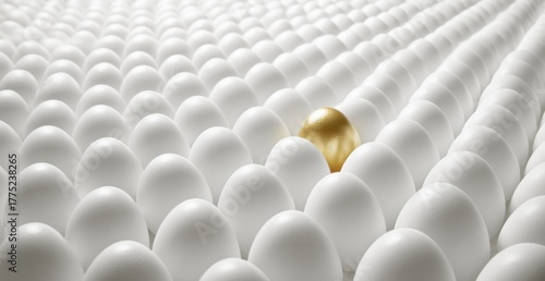 A gold egg stands out amidst many white eggs, suggesting rarity and uniqueness