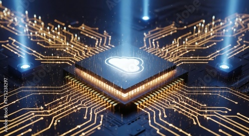 Glowing cloud icon with circuitry represents cloud computing and digital data storage in a futuristic, high-tech environment.
