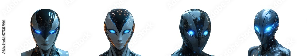 Fototapeta premium Four futuristic alien or robot heads with glowing blue eyes and dark, starry bodies, isolated on transparent background