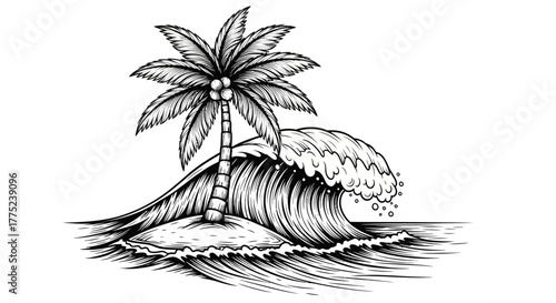 Palm tree on island with crashing wave