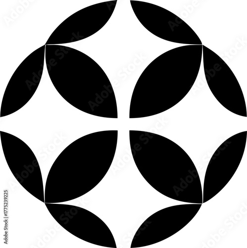 Abstract flower symbol, geometric circle ornament, monochrome petal design. Modern black white logo, simple sign of nature, bloom. Creative abstract flower symbol.