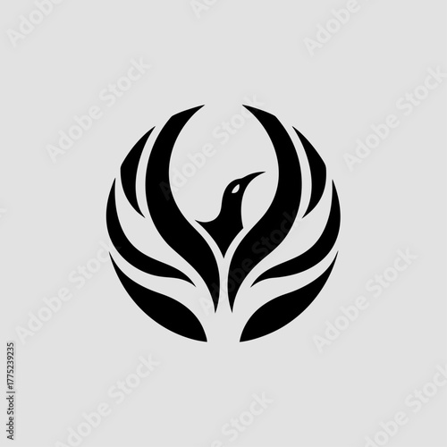 Abstract phoenix symbol, mythological bird icon, monochrome fire design. Stylish black white logo, simple sign of rebirth, power. Creative abstract phoenix symbol.