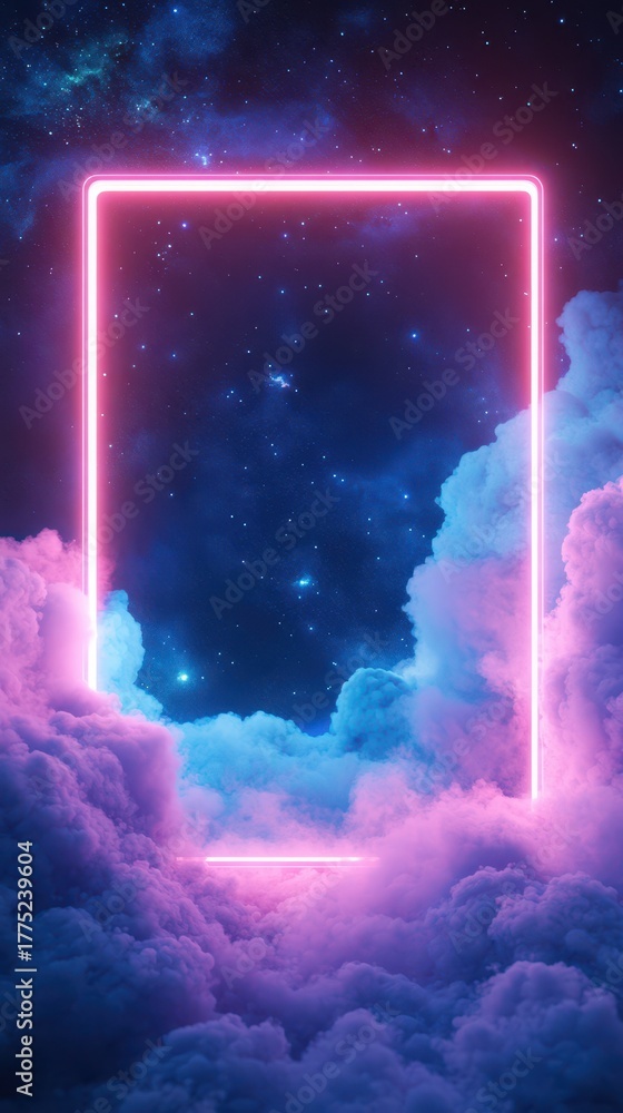 Obraz premium Neon Sky Frame: A radiant neon frame illuminates a dreamlike landscape where fluffy clouds dance across a vibrant cosmos, where light merges with the mysteries of space