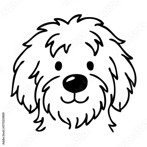 Logo pet friendly. Cabeza de perro de pelo largo sonriente con líneas 