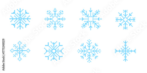 Set y2k pixel art snowflake winter crystal, retro 8 bit mosaic ornament. Ice seasonal design element, background. 90s aesthetics vintage games.
