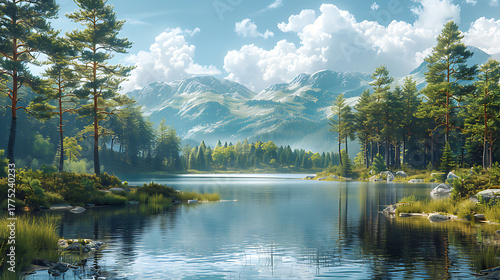 Tranquil Forest Lake with Wooden Pier and Sunlight Filtering through Lush Green Canopy, Capturing the Peaceful Atmosphere of a Serene Morning in Nature for High-Resolution Stock Photography