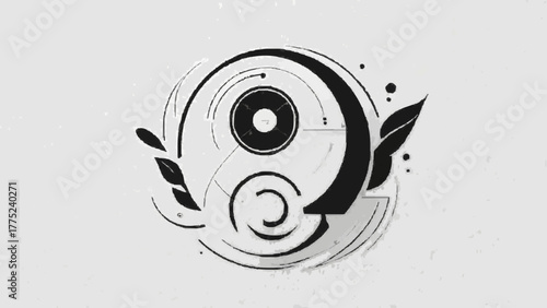 Abstract design featuring a prominent circular shape with intricate patterns and vibrant colors