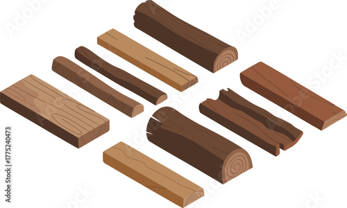 Wood Logs and Planks Vector Illustration Isolated on White Background