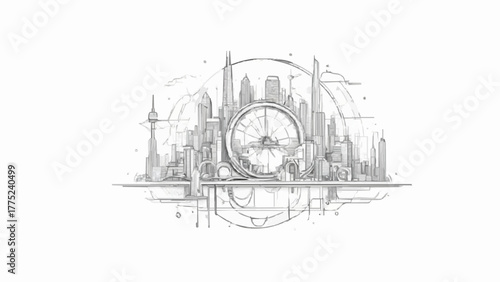 Vector drawing of old architecture sketch illustration of a vintage city street landscape