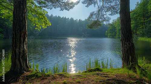 Tranquil Forest Lake with Wooden Pier and Sunlight Filtering through Lush Green Canopy, Capturing the Peaceful Atmosphere of a Serene Morning in Nature for High-Resolution Stock Photography