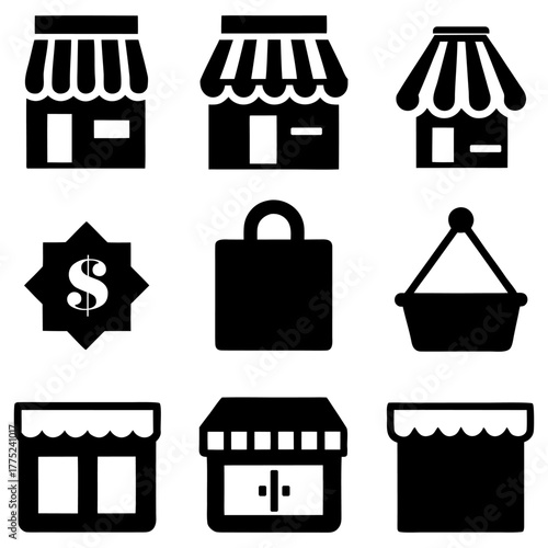 Business Store Icon Set — Market, Shelf, Cash Register Isolated on White.