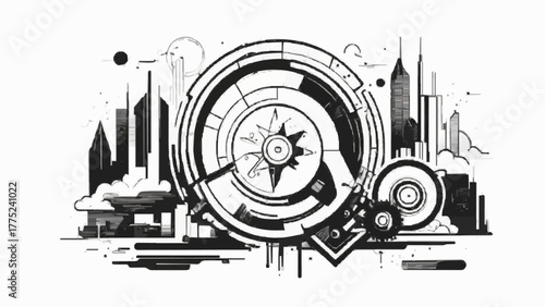 A black and white illustration depicting a futuristic cityscape with towering buildings and advanced architecture