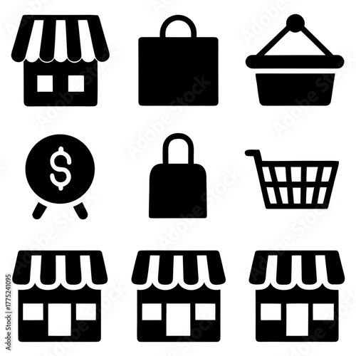 Small Business Icon Set — Storefront, Market, and Cash Register Design.