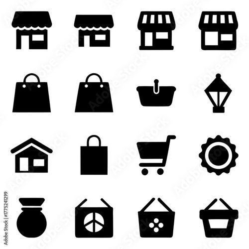 Storefront, Market, Sale Banner, Shelf, and Cash Register Icon on White Background.