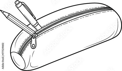Black and white line art illustration of a pencil case with zipper, holding a pencil and pen, ideal for school supplies, stationery design, educational graphics, back to school themes, vector icon,