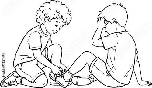 Black and white line art of a boy tying another boy's shoelace, depicting friendship, kindness, helping others, childhood support, and teamwork in a simple vector illustration style
