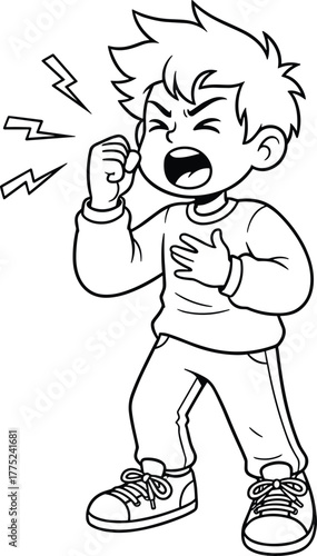 Angry boy shouting with clenched fist, expressing rage and frustration, cartoon vector illustration for emotional expression, parenting, or conflict themes