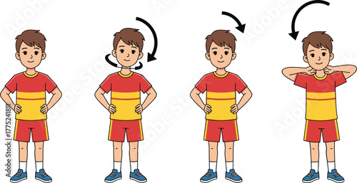 Cartoon boy in sports uniform demonstrating neck stretching exercises with arrows, ideal for physical education, warm-up routines, or health and fitness illustrations.