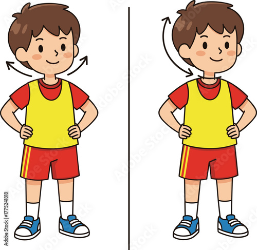 Cartoon boy demonstrating shoulder roll exercise, vector illustration for kids fitness, PE class, warm up routine, or health education, clear and simple design