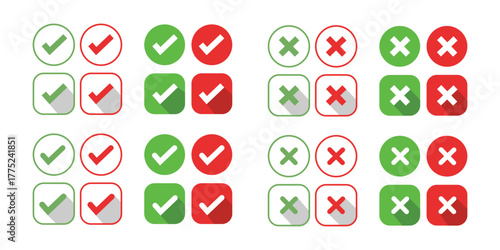 Checkmark and cross set. Isolated vector symbols. Checkmark right symbol tick sign. Test question. 
