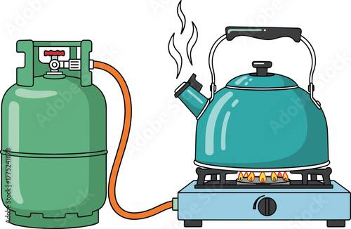 Colorful vector illustration of a portable gas stove with a steaming kettle, connected to a green propane tank, ideal for camping, outdoor cooking, or kitchen appliance design