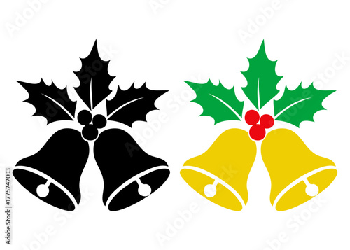 Tiempo de Navidad. Silueta de campanas en color negro. Logo campanas de navidad doradas con hojas y bayas de acebo