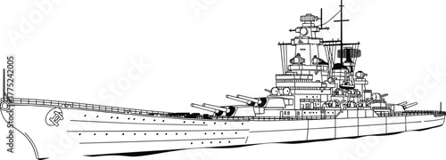 Detailed line art illustration of a battleship warship, side profile view, naval vessel with cannons and superstructure, black and white vector graphic, military history, maritime warfare