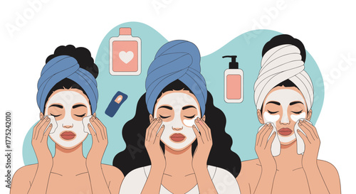 Three women with towels on their heads are applying various face masks and skincare products, emphasizing a beauty routine and self-care.