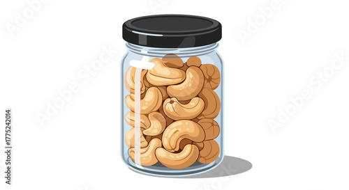 A pixel art illustration depicts a clear glass jar filled with cashew nuts, sealed with a black lid, casting a soft shadow.