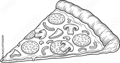 Detailed line art illustration of a single slice of pepperoni and mushroom pizza, black and white vector graphic, food sketch, Italian cuisine, fast food, menu design, restaurant branding
