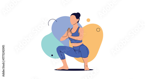 Woman in blue athletic wear performing a squat with hands pressed together in prayer pose.