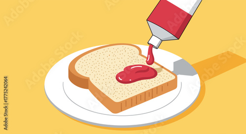 Ketchup being squeezed onto a slice of bread on a plate, on a yellow background, in a cartoon-style illustration.