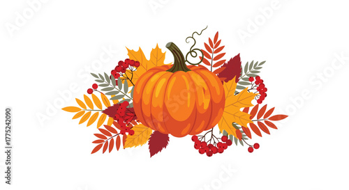 An artistic arrangement of a classic orange pumpkin nestled among a variety of fall foliage and bright red berries, against a white background.