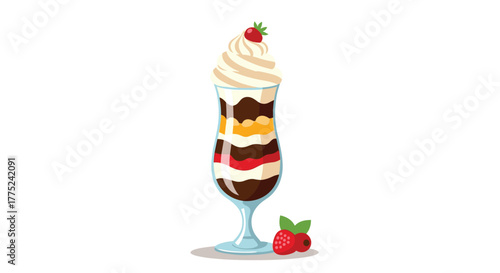 Delicious vector illustration of a layered dessert parfait in a tall glass, featuring various colorful layers of sweet ingredients and fresh berries.