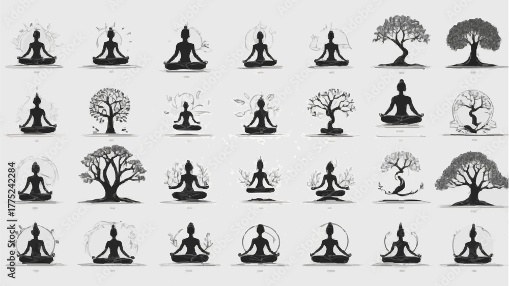 Naklejka premium Dark silhouettes of a Buddha figure and surrounding trees, set against a colorful twilight backdrop