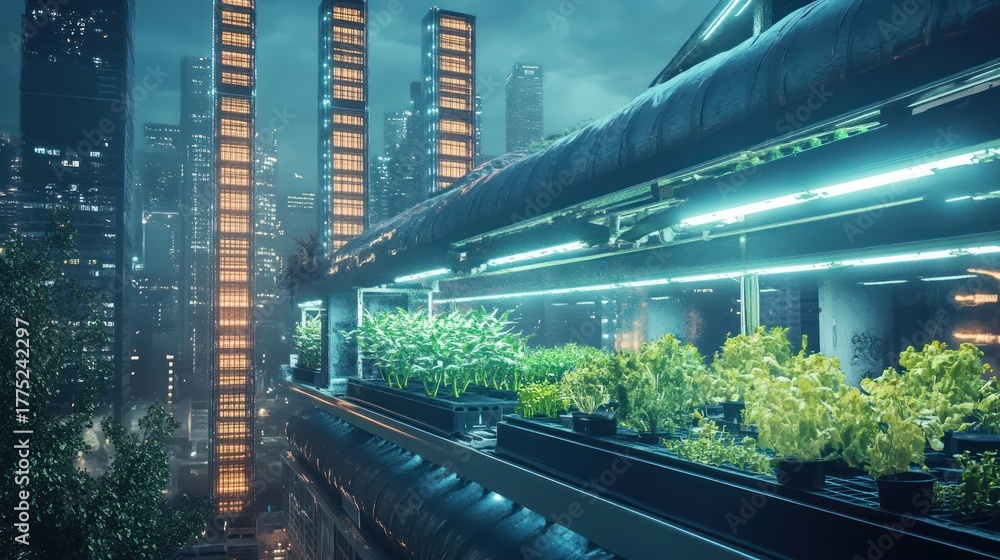 Fototapeta premium Urban Farming Oasis, rooftop garden with skyscrapers, sustainable future vision